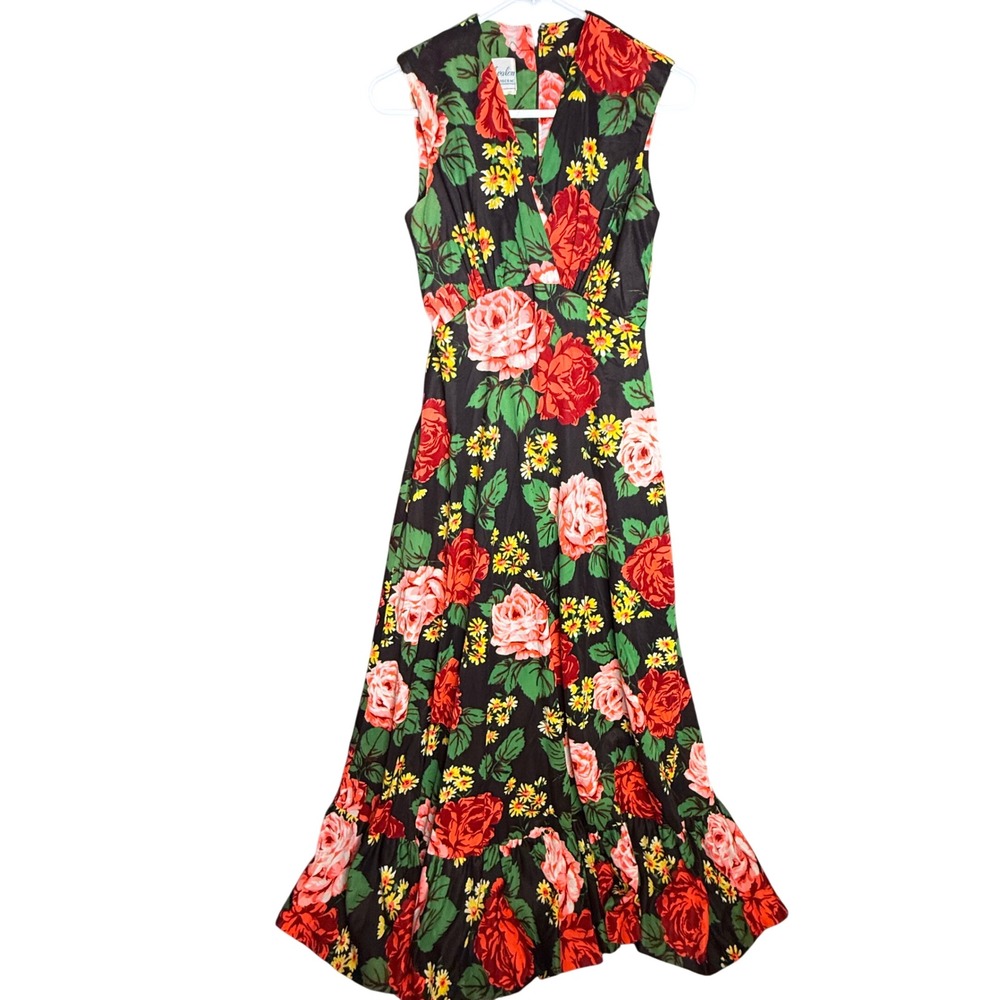 Vintage Avalon Classics 70s Floral Rose Maxi Dress Ruffle Hem Black Red Sz 10